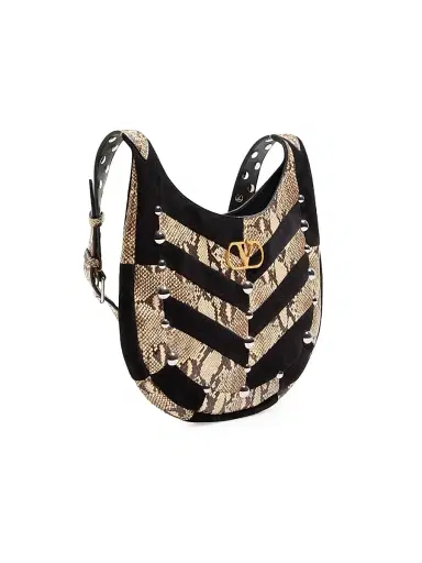 Valentino Garavani Women's Hoboho Hobo Bag in Python and Chevron-Patterned Suede - Beige Black | Thumbnail 3