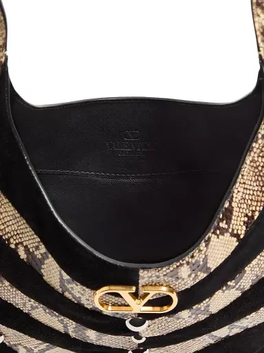 Valentino Garavani Women's Hoboho Hobo Bag in Python and Chevron-Patterned Suede - Beige Black | Thumbnail 6