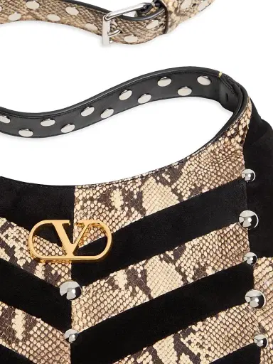 Valentino Garavani Women's Hoboho Hobo Bag in Python and Chevron-Patterned Suede - Beige Black | Thumbnail 7
