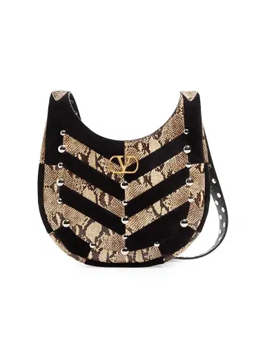 Valentino Garavani Women's Hoboho Hobo Bag in Python and Chevron-Patterned Suede - Beige Black | Thumbnail 1