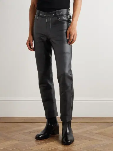 Tom Ford Straight-Leg Eyelet-Embellished Paneled Full-Grain Leather Trousers - Men | Thumbnail 3