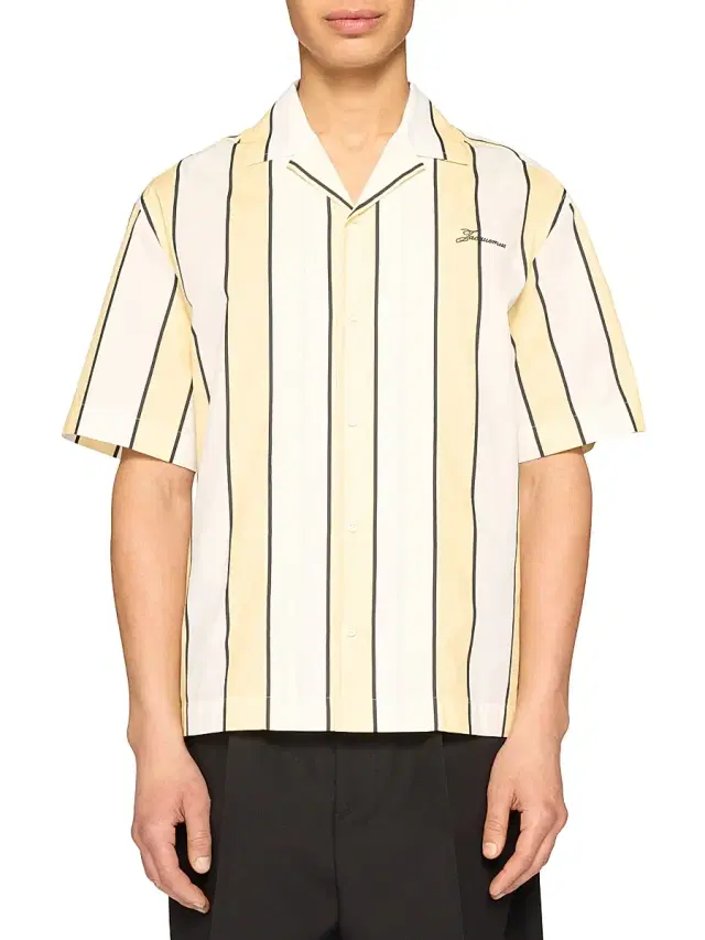 Jacquemus Men's Striped Cotton Camp Shirt - Print Stripes White Yellow