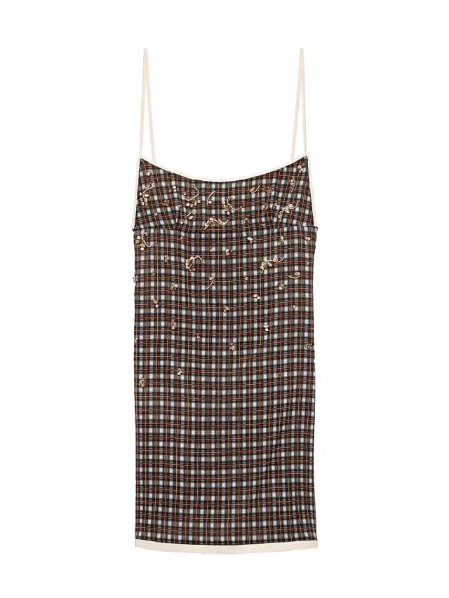 Women's Embellished Checked Georgette Mini-Dress - Green