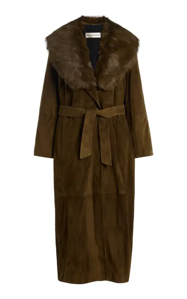Nour Hammour Briona Convertible Shearling-Trimmed Suede Trench Coat