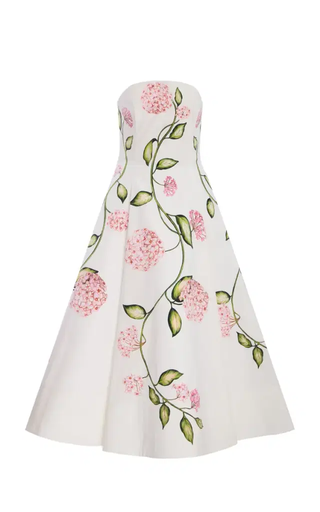 Porcelain Flowers Strapless Poplin Midi Dress