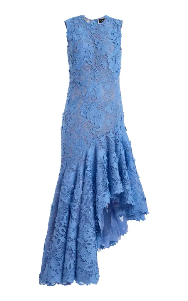 Oscar de la Renta Porcelain Flowers Asymmetric Guipure Midi Dress