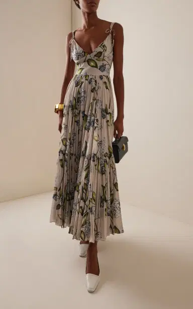 Oscar de la Renta Porcelain Flowers Pleated Cotton Voile Midi Dress | Thumbnail 2 Oscar de la Renta Porcelain Flowers Pleated Cotton Voile Midi Dress | Thumbnail 2