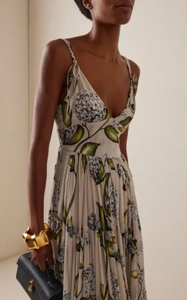 Oscar de la Renta Porcelain Flowers Pleated Cotton Voile Midi Dress | Thumbnail 3 Oscar de la Renta Porcelain Flowers Pleated Cotton Voile Midi Dress | Thumbnail 3