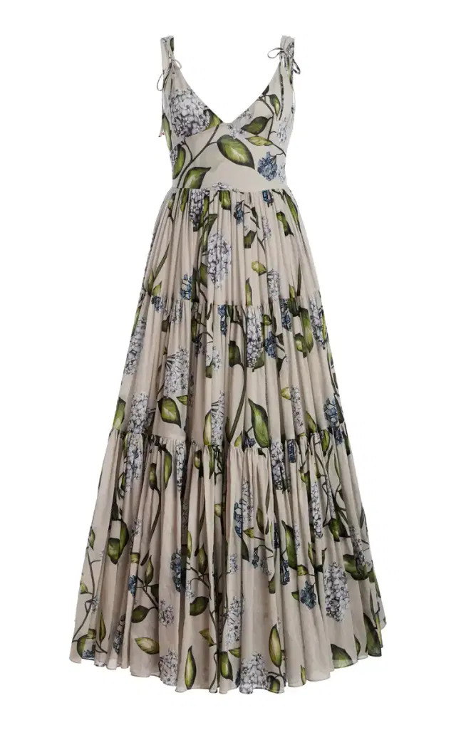 Porcelain Flowers Pleated Cotton Voile Midi Dress