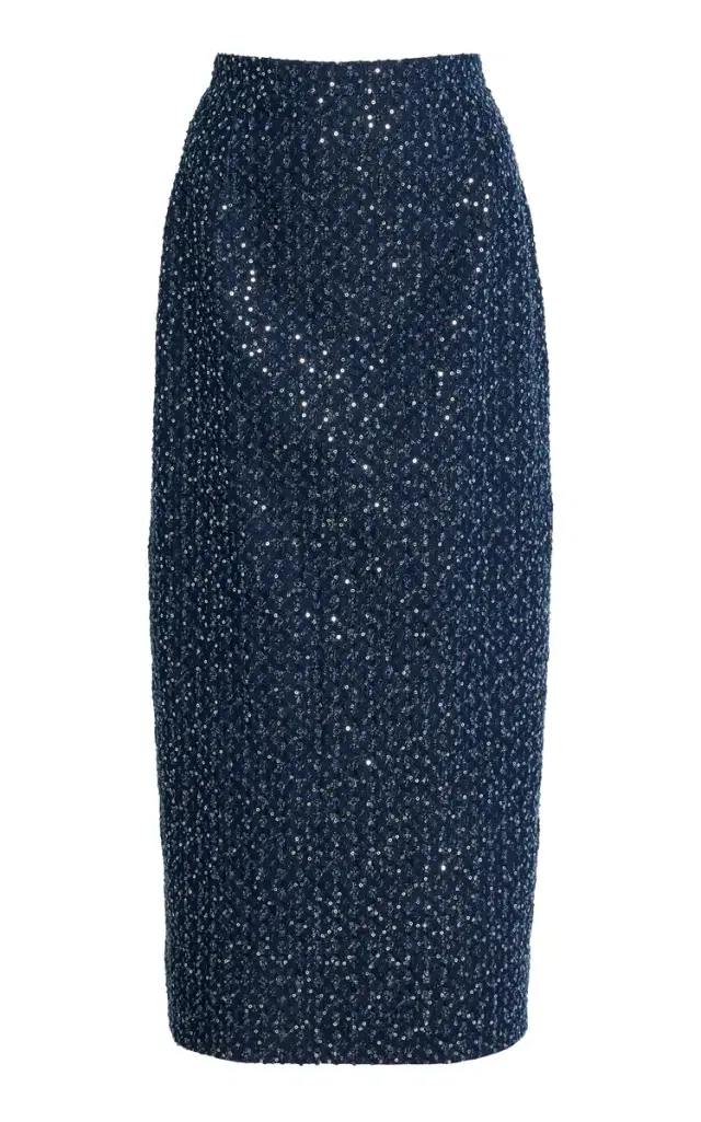 Sequined Denim Midi Pencil Skirt
