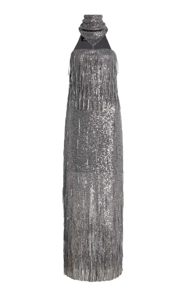 Sunbeams Scarf-Neck Fringed Sequined Maxi Dress