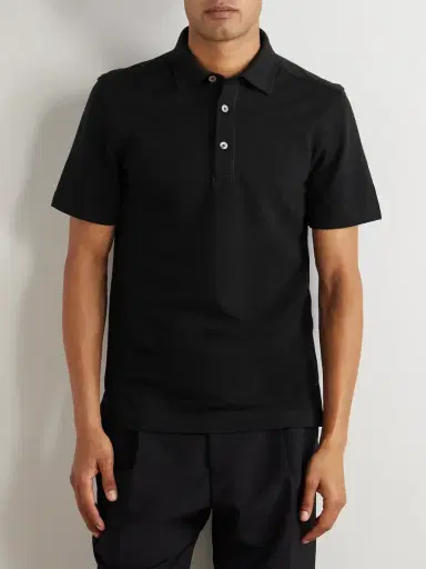Zegna Leather-Trimmed Cotton-Piqué Polo Shirt - Men | Thumbnail 3