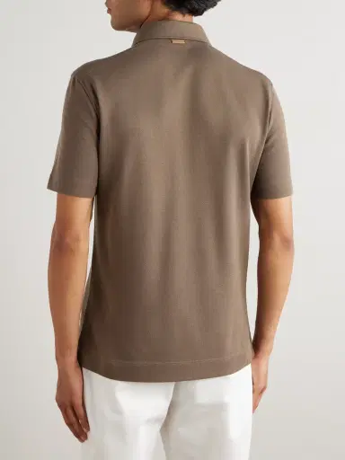 Zegna Slim-Fit Leather-Trimmed Cotton-Piqué Polo Shirt - Men | Thumbnail 4 Zegna Slim-Fit Leather-Trimmed Cotton-Piqué Polo Shirt - Men | Thumbnail 4
