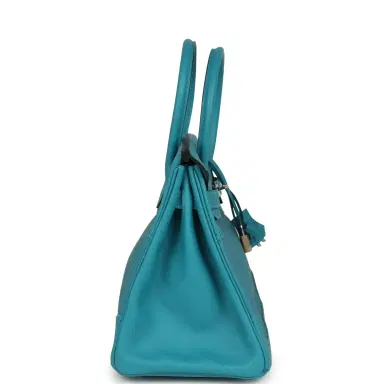 HERMÈS Pre-owned Hermes Birkin 30 Ghillies Turquoise Togo and Swift Palladium Hardware | Thumbnail 3