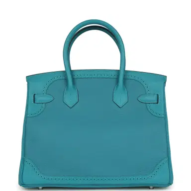 HERMÈS Pre-owned Hermes Birkin 30 Ghillies Turquoise Togo and Swift Palladium Hardware | Thumbnail 4