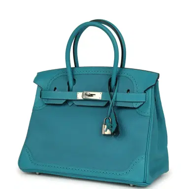 HERMÈS Pre-owned Hermes Birkin 30 Ghillies Turquoise Togo and Swift Palladium Hardware | Thumbnail 5