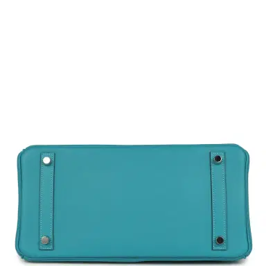 HERMÈS Pre-owned Hermes Birkin 30 Ghillies Turquoise Togo and Swift Palladium Hardware | Thumbnail 6
