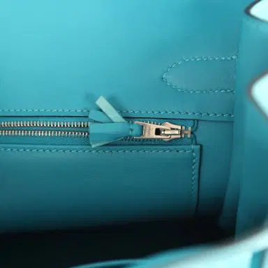 HERMÈS Pre-owned Hermes Birkin 30 Ghillies Turquoise Togo and Swift Palladium Hardware | Thumbnail 8