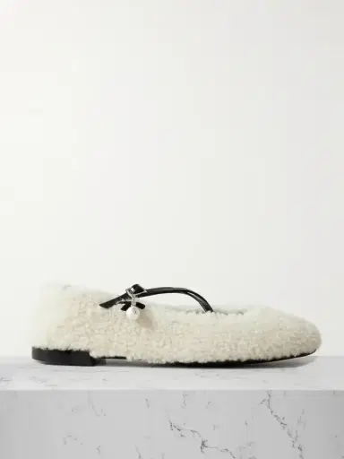 Jimmy Choo Eleri Embellished Patent Leather-trimmed Shearling Ballet Flats | Thumbnail 1 Jimmy Choo Eleri Embellished Patent Leather-trimmed Shearling Ballet Flats | Thumbnail 1
