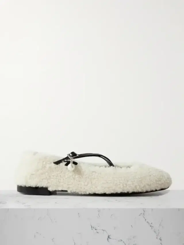 Eleri Embellished Patent Leather-trimmed Shearling Ballet Flats