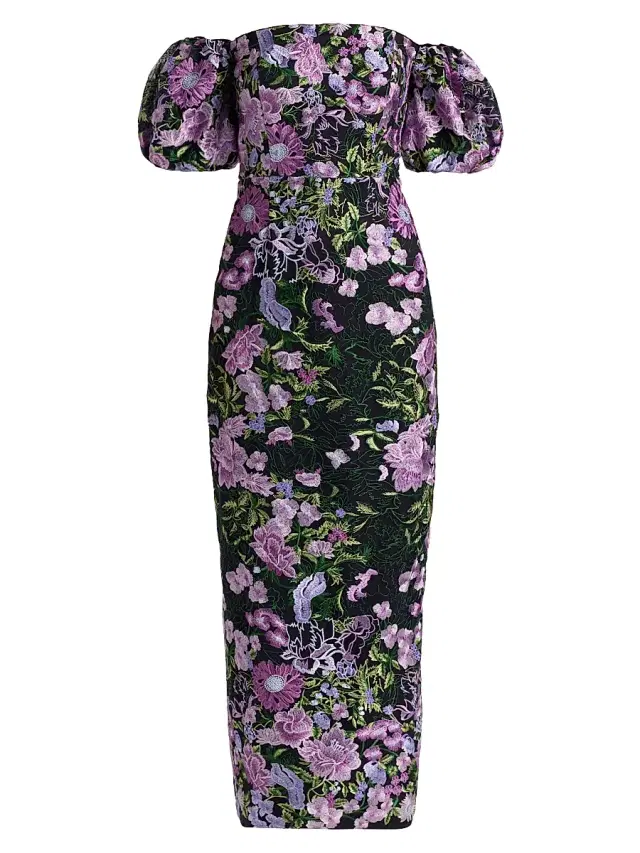 Milly Women's Nene Floral-Embroidered Mesh Off-The-Shoulder Maxi Dress - Purple Multi