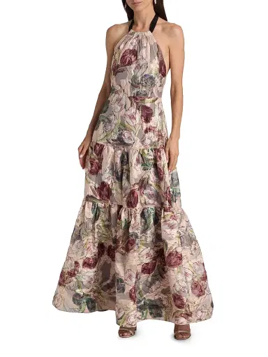 Milly Women's Gizelle Brocade Halterneck Gown - Blush Multi | Thumbnail 3 Milly Women's Gizelle Brocade Halterneck Gown - Blush Multi | Thumbnail 3