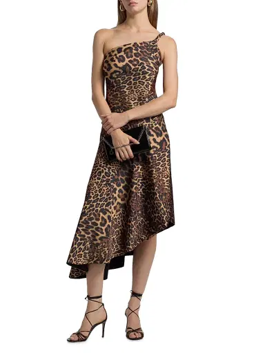 Halston Women's Mavis Leopard Print Asymmetric Satin Midi-Dress | Thumbnail 2 Halston Women's Mavis Leopard Print Asymmetric Satin Midi-Dress | Thumbnail 2