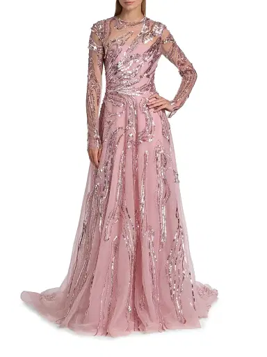 PAMELLA ROLAND Women's Embellished Wave Tulle Gown - Vintage Rose - Size 6 | Thumbnail 3 PAMELLA ROLAND Women's Embellished Wave Tulle Gown - Vintage Rose - Size 6 | Thumbnail 3