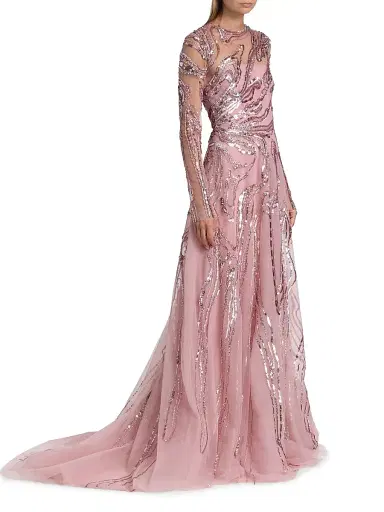 PAMELLA ROLAND Women's Embellished Wave Tulle Gown - Vintage Rose - Size 6 | Thumbnail 4 PAMELLA ROLAND Women's Embellished Wave Tulle Gown - Vintage Rose - Size 6 | Thumbnail 4