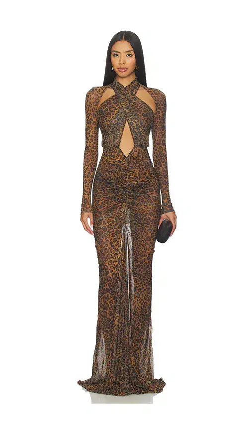 Printed Mesh Halter Ruched Gown