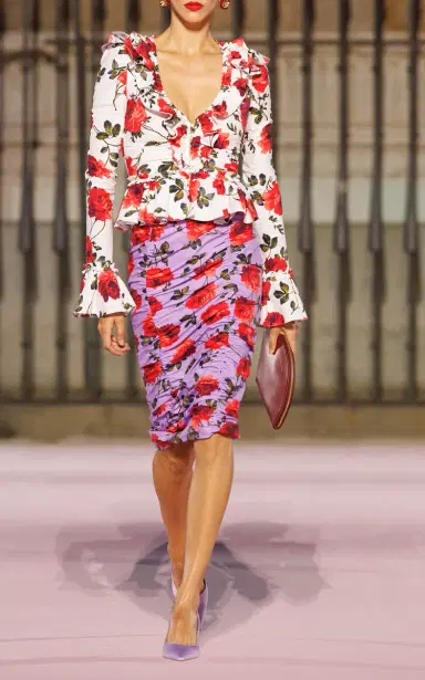 Carolina Herrera Ruched Stemmed-Rose-Printed Stretch-Cotton Top | Thumbnail 3