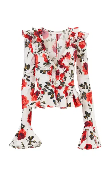 Carolina Herrera Ruched Stemmed-Rose-Printed Stretch-Cotton Top | Thumbnail 1
