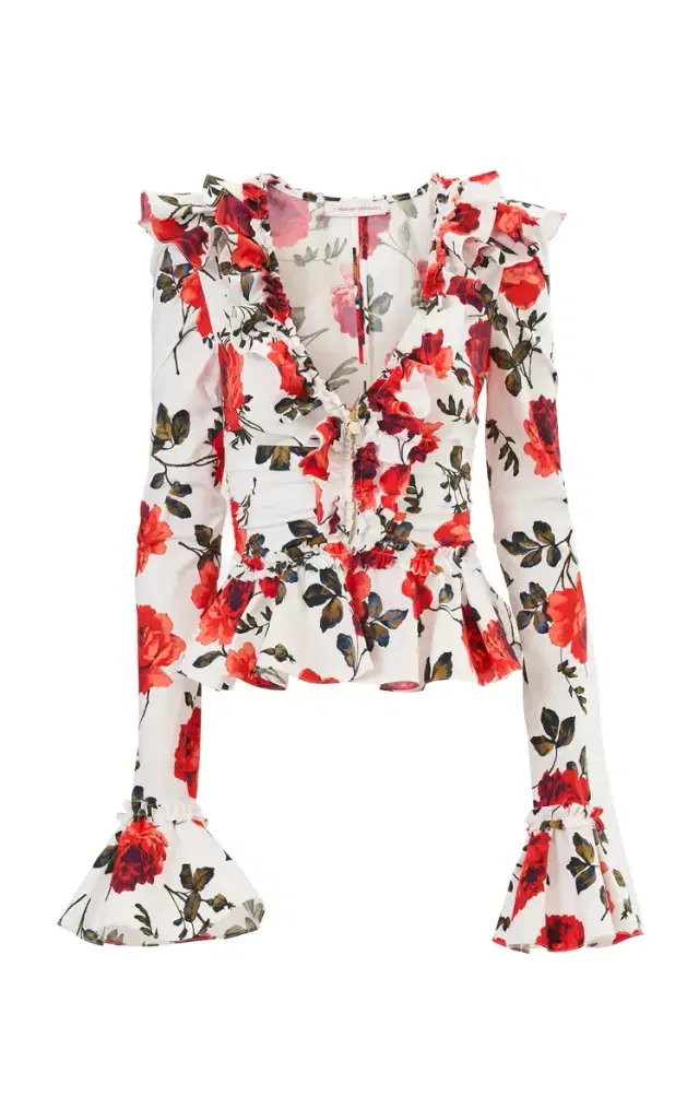 Carolina Herrera Ruched Stemmed-Rose-Printed Stretch-Cotton Top