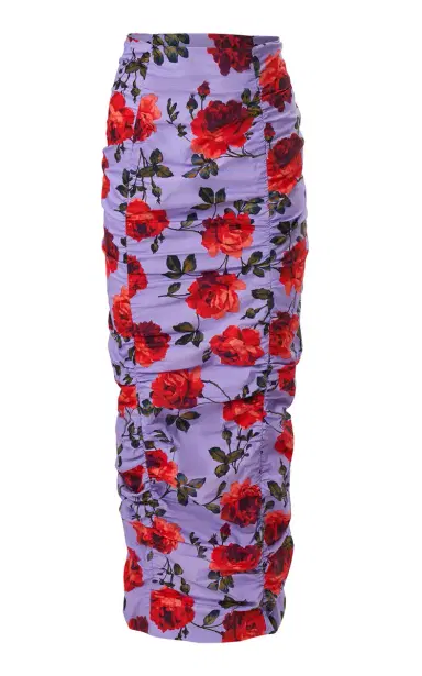 Carolina Herrera Ruched Stemmed-Rose-Printed Stretch-Cotton Pencil Skirt | Thumbnail 4