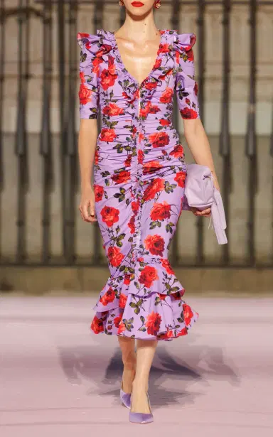 Carolina Herrera Gathered Stemmed-Rose-Printed Stretch-Cotton Midi Dress | Thumbnail 4