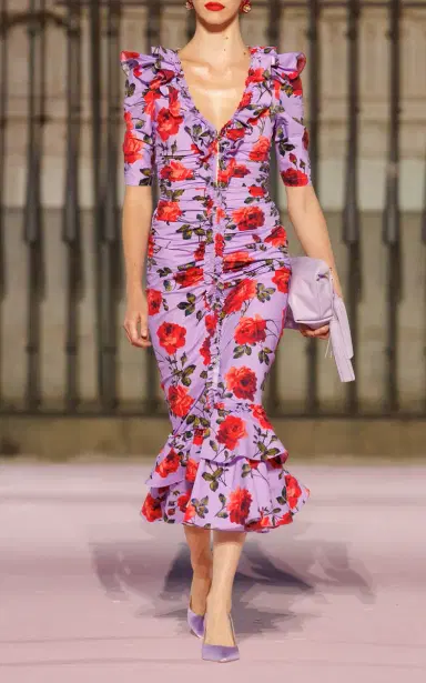 Carolina Herrera Gathered Stemmed-Rose-Printed Stretch-Cotton Midi Dress | Thumbnail 5