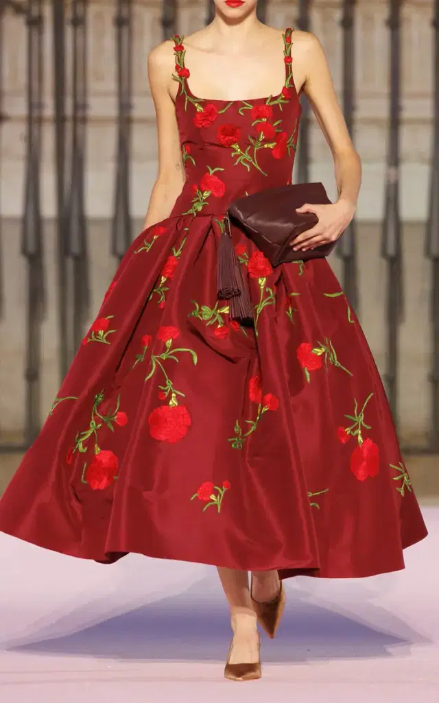 Carolina Herrera Embroidered Drop-Waist Silk Faille Dress
