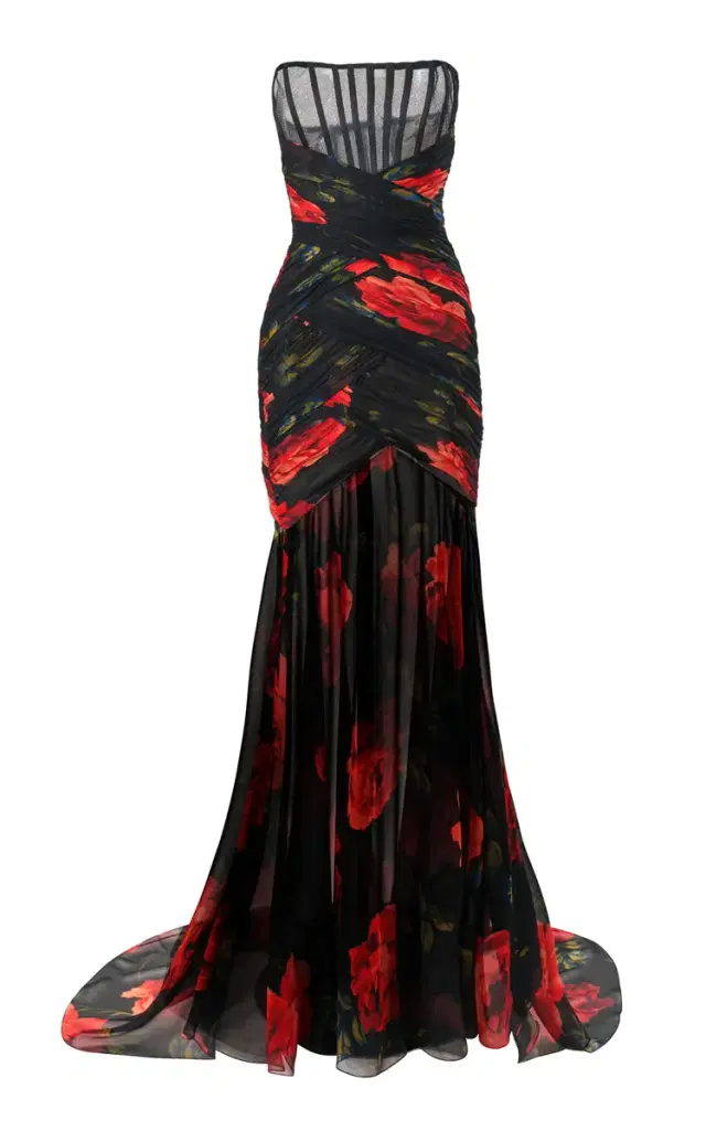 Carolina Herrera Strapless Stemmed-Rose-Printed Chiffon Gown