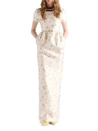 Prada Women's Long Floral Print Silk and Wool Dress - Yellow | Thumbnail 2 Prada Women's Long Floral Print Silk and Wool Dress - Yellow | Thumbnail 2
