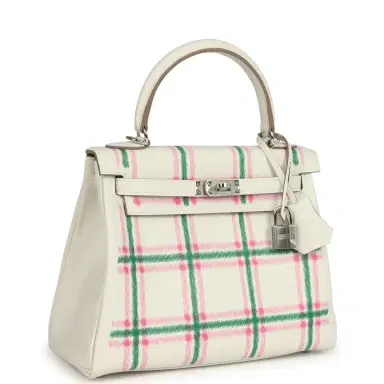 HERMÈS Hermes Kelly Retourne 25 "Tartan Light" Gris Pale, Vert Moyen and Bubblegum Swift Palladium Hardware | Thumbnail 2