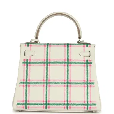 HERMÈS Hermes Kelly Retourne 25 "Tartan Light" Gris Pale, Vert Moyen and Bubblegum Swift Palladium Hardware | Thumbnail 4