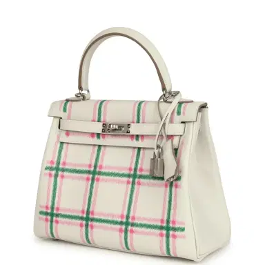 HERMÈS Hermes Kelly Retourne 25 "Tartan Light" Gris Pale, Vert Moyen and Bubblegum Swift Palladium Hardware | Thumbnail 5
