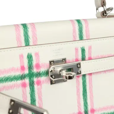 HERMÈS Hermes Kelly Retourne 25 "Tartan Light" Gris Pale, Vert Moyen and Bubblegum Swift Palladium Hardware | Thumbnail 7