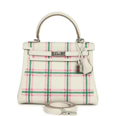 HERMÈS Hermes Kelly Retourne 25 "Tartan Light" Gris Pale, Vert Moyen and Bubblegum Swift Palladium Hardware | Thumbnail 1