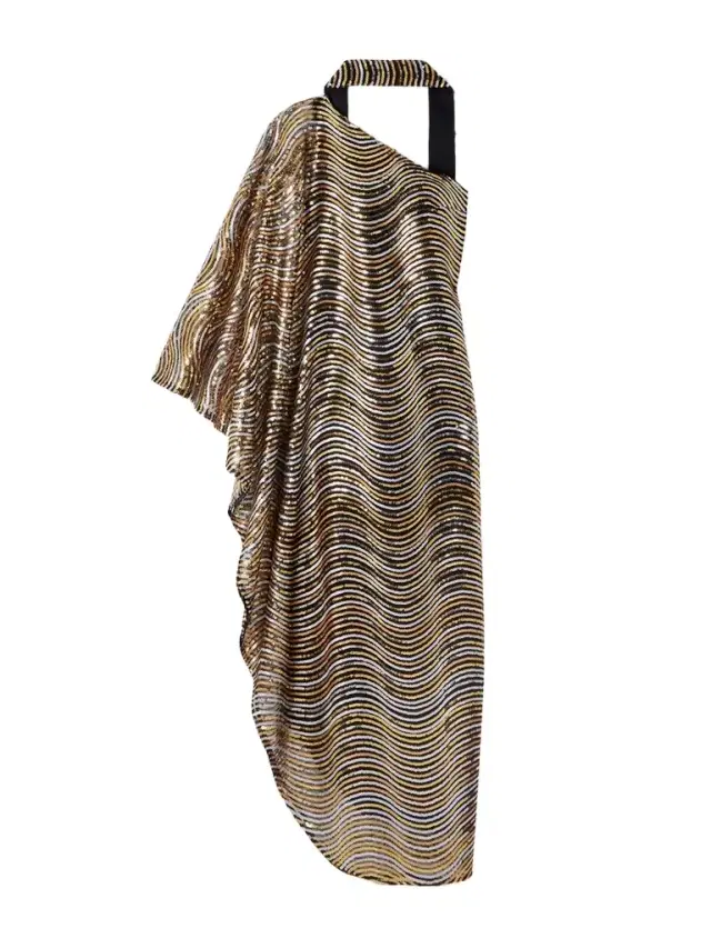 The Glaum One-shoulder Scarf-detailed Sequin-embellished Mesh Gown