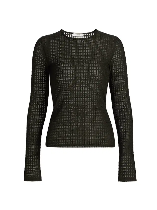 Vince Women's Shadow Grid Long-Sleeve Crewneck Top - Verde