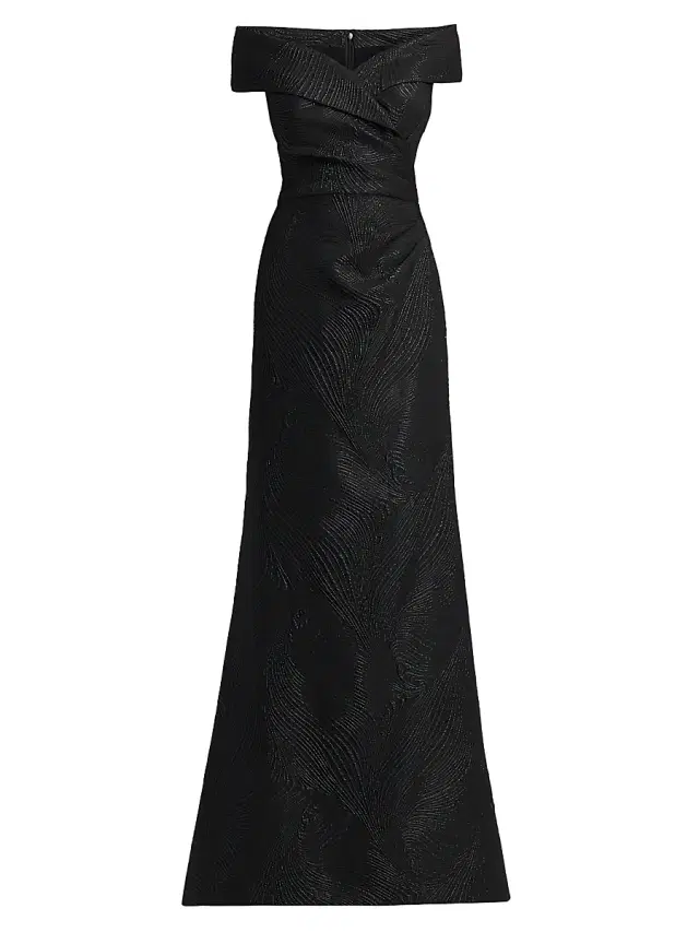 Teri Jon by Rickie Freeman Women's Metallic Wavy Jacquard Portrait Gown - Black