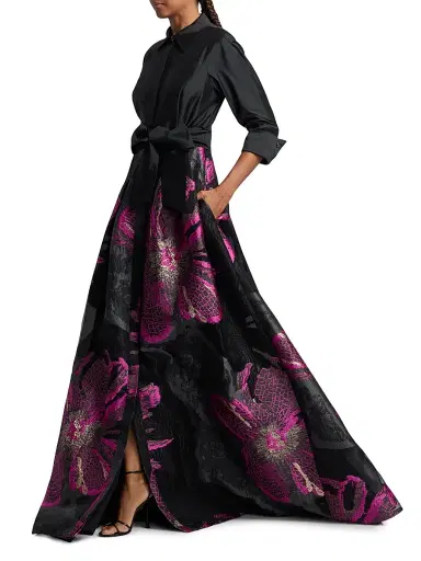 Teri Jon by Rickie Freeman Women's Metallic Floral Jacquard Gown - Black Magenta | Thumbnail 2