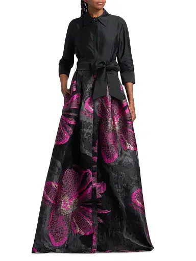 Teri Jon by Rickie Freeman Women's Metallic Floral Jacquard Gown - Black Magenta | Thumbnail 3