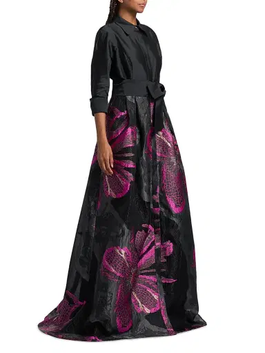 Teri Jon by Rickie Freeman Women's Metallic Floral Jacquard Gown - Black Magenta | Thumbnail 4